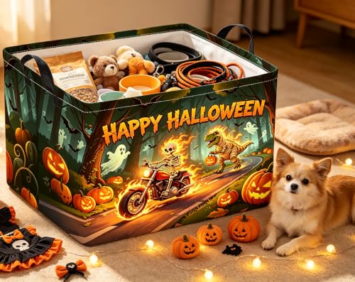Image of Rectangle Storage Basket with Handles,Collapsible Storage Bin,Gift Basket(Fire Halloween)