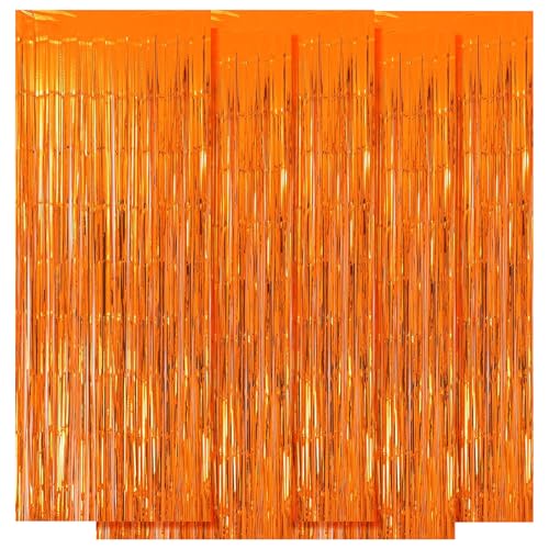 Image of 5 Pack Orange Fringe Backdrop 3.2ft x 8.2ft Foil Curtain Tinsel Foil Fringe Curtains Backdrop Tinsel Backdrop Streamers for Birthday Party Decoration Wedding Halloween Christmas Decoration (Orange)