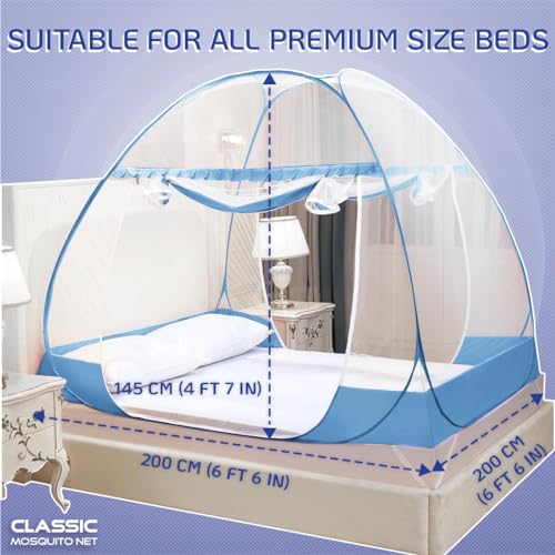 Image of Classic Mosquito Net Premium for King Size Bed | 30 GSM Polyester Fine Mesh | Foldable Pop Up Machardani for Double Bed | 360 Mosquito & Insect Protection | Washable & Reusable | Blue