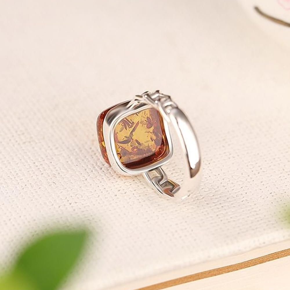 HMJGDHX S925 Silber mit natürlichem Blumenbernstein, quadratischer Ring (verstellbare Öffnung), Ring für Damen, echte Jade