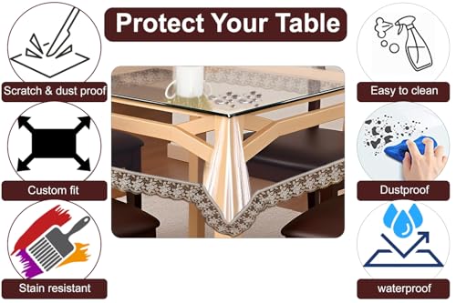 Image of The Furnishing Tree Square Shaped 4 Seater Transparent Table Cover WxL 60x60 inches 0.25 mm Thickness with Golden Lace