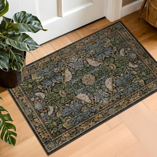 Hazo Haus Washable Dark Vintage Floral Rugs for Entryway - Small 2x3 Washable Rug for Kitchen Bathroom Door Mat Indoor Entrance with Bird & Botanical Pattern Brown Earthy Tones Non Slip Low Pile