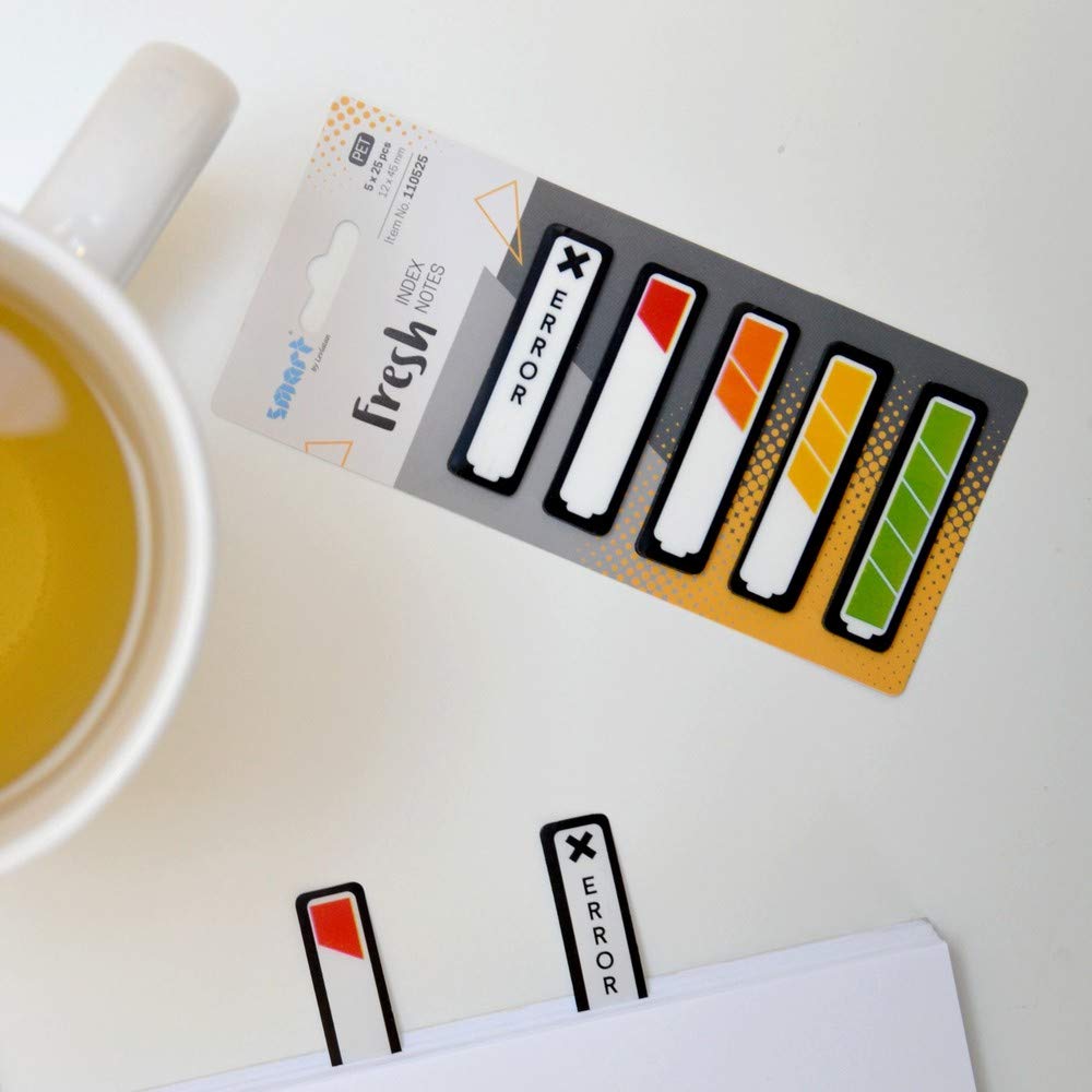 Smart Fresh Adhesive Page Markers - 12x45mm PET Film, Reusable, 5 Designs X 25 Strips, For Books, Office, Studying