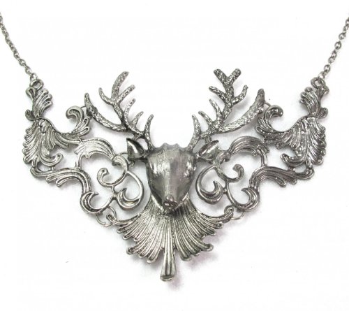 Antique Silver Stag Deer Bib Statement Necklace