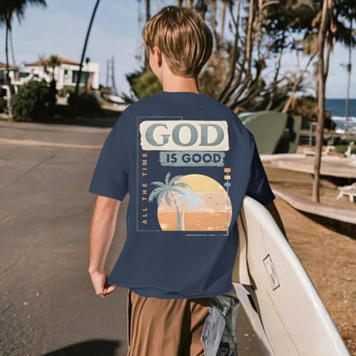 Image of KEEVICI Boys God is Good Shirt Christian Faith Shirts for Kids Jesus Beach Palm Tree Hawaiian Tshirt Graphic Tees Cotton Tops