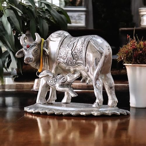 Image of KridayKraft Metal Om Kamdhenu Cow and Calf Metal Statue for Good Luck,Feng Shui As Table Top Figurine,Vastu,Religious Gau MATA Idol Home,Office&Table Decorative,Animal