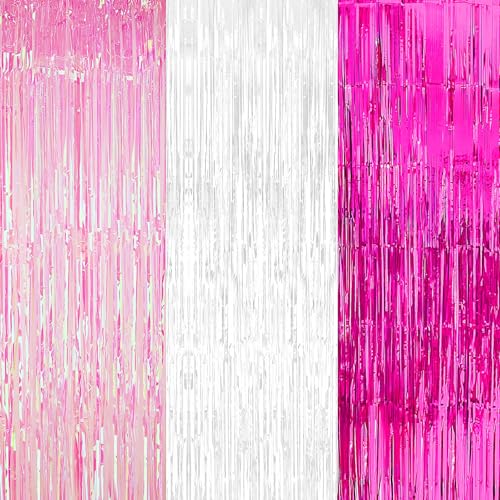 Image of KatchOn, Xtralarge White and Pink Streamers - 8x3.25 Feet, Pack of 3 | Pink and White Fringe Curtain Backdrop | Pink Fringe Backdrop, Wedding Shower Decorations for Party | Valentines Day Decorations