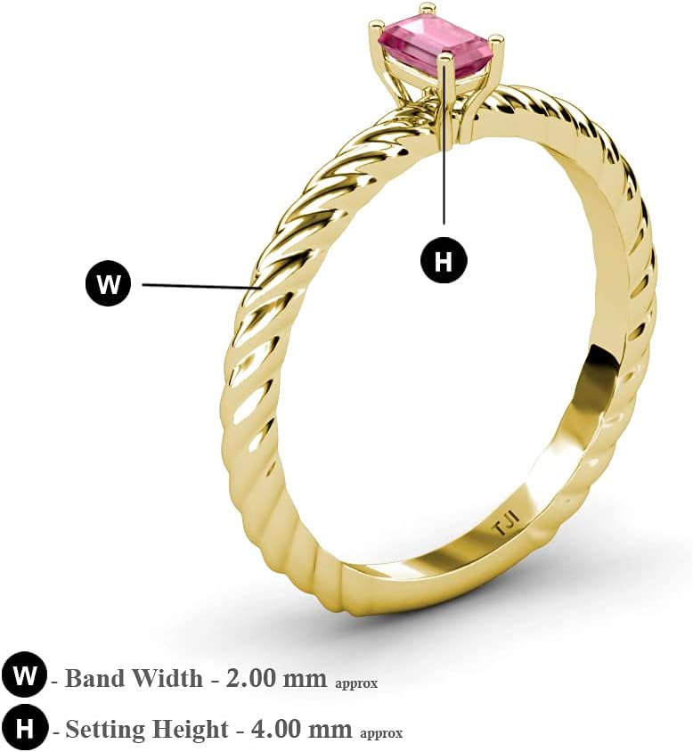 TriJewels Emerald Cut 6x4 mm Pink Tourmaline 1/2 ct Women Solitaire Rope Engagement Ring 10K Gold