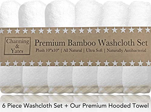 Image of Channing & Yates Premium Boutique Hooded Baby Towels and 6 Washcloth Set - Organic Viscose Made from Bamboo Baby Towel with Hood Gift Bundle (Beige Set)