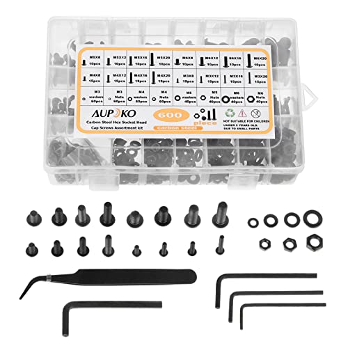 Aupoko Juego de 600 tornillos de cabeza hexagonal M3 M4 M5 M6 con arandelas de tuercas en el estuche, cabeza cilíndrica de acero al carbono hexagonal Socket máquina perno tuercas surtido kit Cover