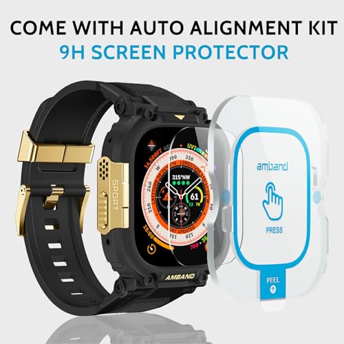 Image of amBand Compatible with Apple Watch Ultra 3 /2 /1 Bands for Men, M1 Sport Series Heavy Duty Case Tactical Strap and Screen Protector, Protective Cover Fits iWatch Ultra Bands for Men 49mm - Black Gold