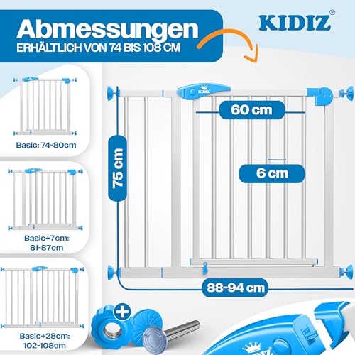 KIDIZ Treppenschutzgitter ohne Bohren | Verstellbare Breite: 88-94 cm, 75 cm hoch, Türschutzgitter und Absperrgitter für Kinder und Hunde, Beidseitige Einhand Öffnung, 90° Open-Stop System, Weiß/Blau