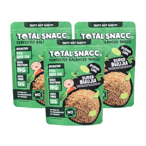 Image of TOTAL SNACC Roasted Bhujia Pudina Lime (250g x 3 Packs) | High Protein 19g, High Fibre 12g | 70% Less Oil | No Palm Oil | Baked Bhujiya | Healthy Namkeen | High Protein Snacks | Diabetic Friendly | Millet Bhujia | Low Calorie
