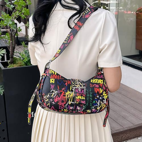 Letter Graffiti Printed Underarm Purse, PU Leather Hip Hop Painted Pattern Shoulder Bag, Vintage Multicolor Crossbody Bag4