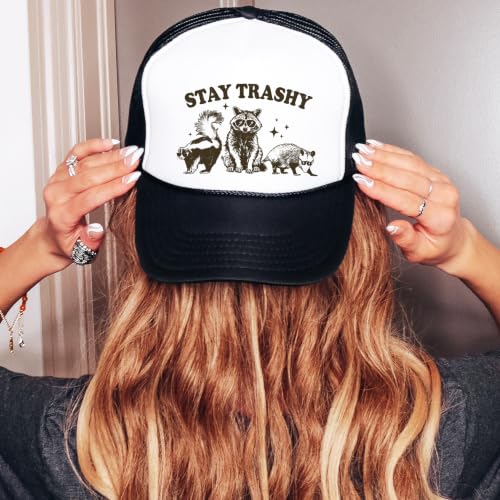 Image of Stay Trashy Funny Raccoon Graphic Classic 5 Panel Mesh Snap Back Trucker Hat