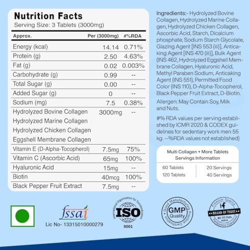 Image of MyFitFuel Multi-Collagen Peptides 3000mg (120 Tablets) +Biotin, Hyaluronic Acid, Vitamin C & Vitamin E. For Women & Men. For Skin, Hair & Nails. Multi Collagen Complex Supplements