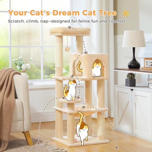 Image of MUTTROS Cat Tree for Indoor Cats, 44.5 inch Multi-Level Cat Tower with Large Metal Frame Hammock, Cat Condo with 2 Scratching Posts and Top Perch for Small to Medium Cats, Beige