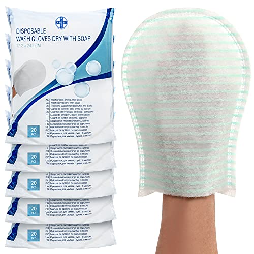 AIESI® Manoplas Jabonosas desechables impermeable con esponja suave (Paquete de 100 piezas), Delicadamente perfumado, Sin enjuague