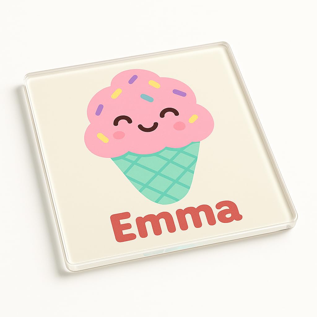 The Plum Penguin Sprinkle Smiles Personalised Name Acrylic Coaster Gift With Whimsical Ice Cream Design - Fun Party Favor For Kids' Birthdays