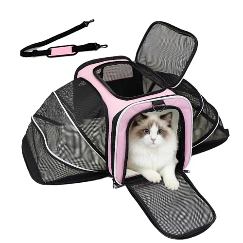 Double Expandable Cat Carrier Airline Approved Soft-Sided Pet Travel Carrier for Small Dogs Cats under 15 lbs Waterproof 600D Oxford Fabric with Washable Replacement Liner Odor-Free & Claw-Proof(Pink)