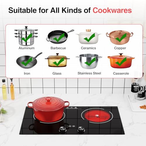 Image of Electric Cooktop 2 Burner, GTKZW 24 inch Electric Stove, 2400W Hot Plate Double Burner, Knob Control Countertop & Built-in, 9 Power Levels, Child Lock, Timer, Suitable for All Pans