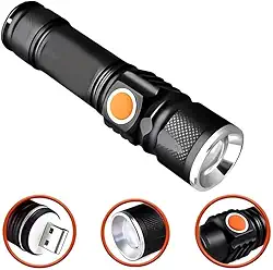 Lanterna LED Tática Recarregável USB, Mini Portátil, com Zoom Ajustável, Preta