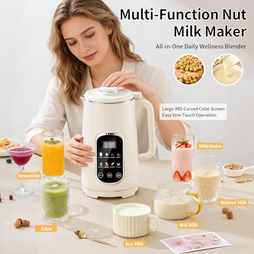 Image of Kuhuz Nut Milk Maker,42oz Plant Based Milk Machine For Homemade Almond /Oat /Soy,10-in-1 Countertop Blender With Juice /Milkshake /Food Processor /Boil Water,Delay Start /Keep Warm /Self Cleaning,White