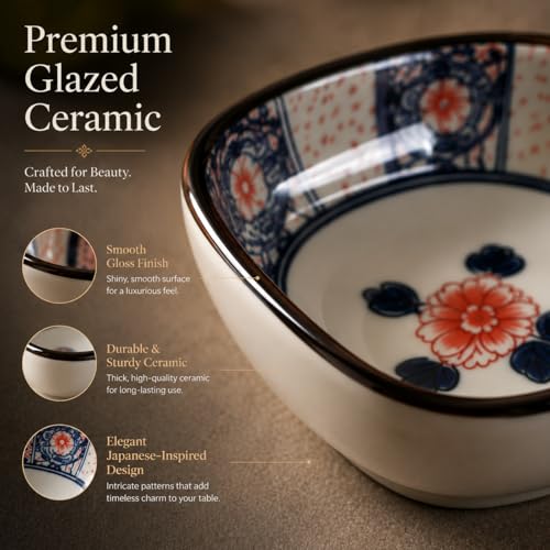 Image of Japanese Ceramic Dip Bowl Set of 4 | 200ml Small Square Sauce Bowls for Soy Sauce, Chutney, Snacks & Dry Fruits | Glazed Sushi Dip Dishes, Dishwasher & Microwave Safe (Hana Bloom)
