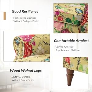 TINAS HOME Modern Accent Chair with Wooden Legs Nailhead Trim Floral Pattern Fabric Sofa Chair for Living Room Bedroom Comfy Upholstered Armchair Club Chair with Removable Cushion Mustard