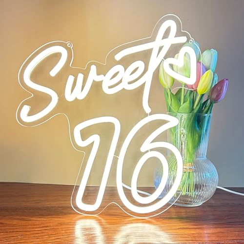 Image of Sweet 16 Neon Sign for Wall Decor Personalized Sixteen Birthday Light Sweet 16 LED Light Sign Sweet Girl Bedroom Happy Birthday Party Wall Decor Party Gift Warm White