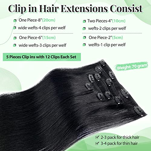Image of Jet Black Remy Hair Extensions - Clip in Human Hair 100% Real, 18 Inch 70g 5pcs Natural Soft Straight Double Weft Clip in Extensions #1