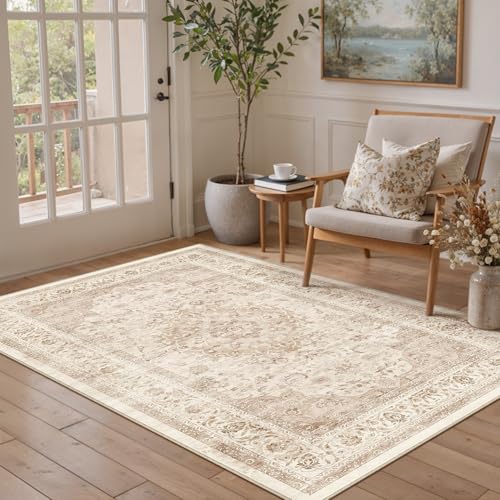 Vintage Waschbarer Beige Teppich Wohnzimmer 120x170cm kurzflor rutschfest Weich Böhmischen Retro Teppiche für Schlafzimmer Esszimmer Küchen Bedroom Living Room Kinderzimmer Spiegelgarten | B