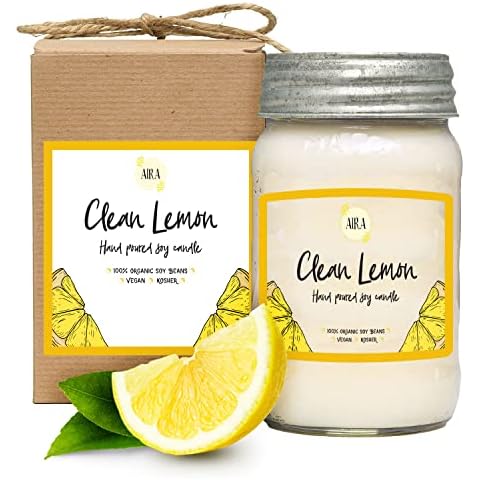 Aira Soy Candles - Organic, Kosher, Vegan, in Mason Jar w/Therapeutic Grade Essential Oil Blends - Hand-Poured 100% Soy Candle Wax - Paraffin Free, Burns 110+ Hours - Clean Lemon - 16 Ounces Cover