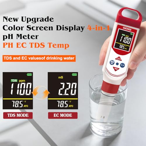 GIDIGI pH EC Meter for Hydroponic, Digital pH TDS EC ppm Tester with Color Screen Display, High Accuracy pH Pen Probe for Drinking Water, Nutrient Solution, Aquariums, Pools & Home Use - Thumbnail 4