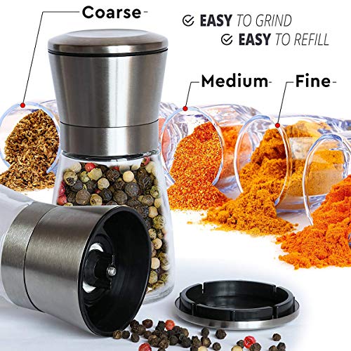 Salt And Pepper Grinder Set Of 2, Premium Stainless Steel Spice Mill With Adjustable Coarseness, Ceramic Blades, Refillable Glass Body With 60Z Capacity #TOP4