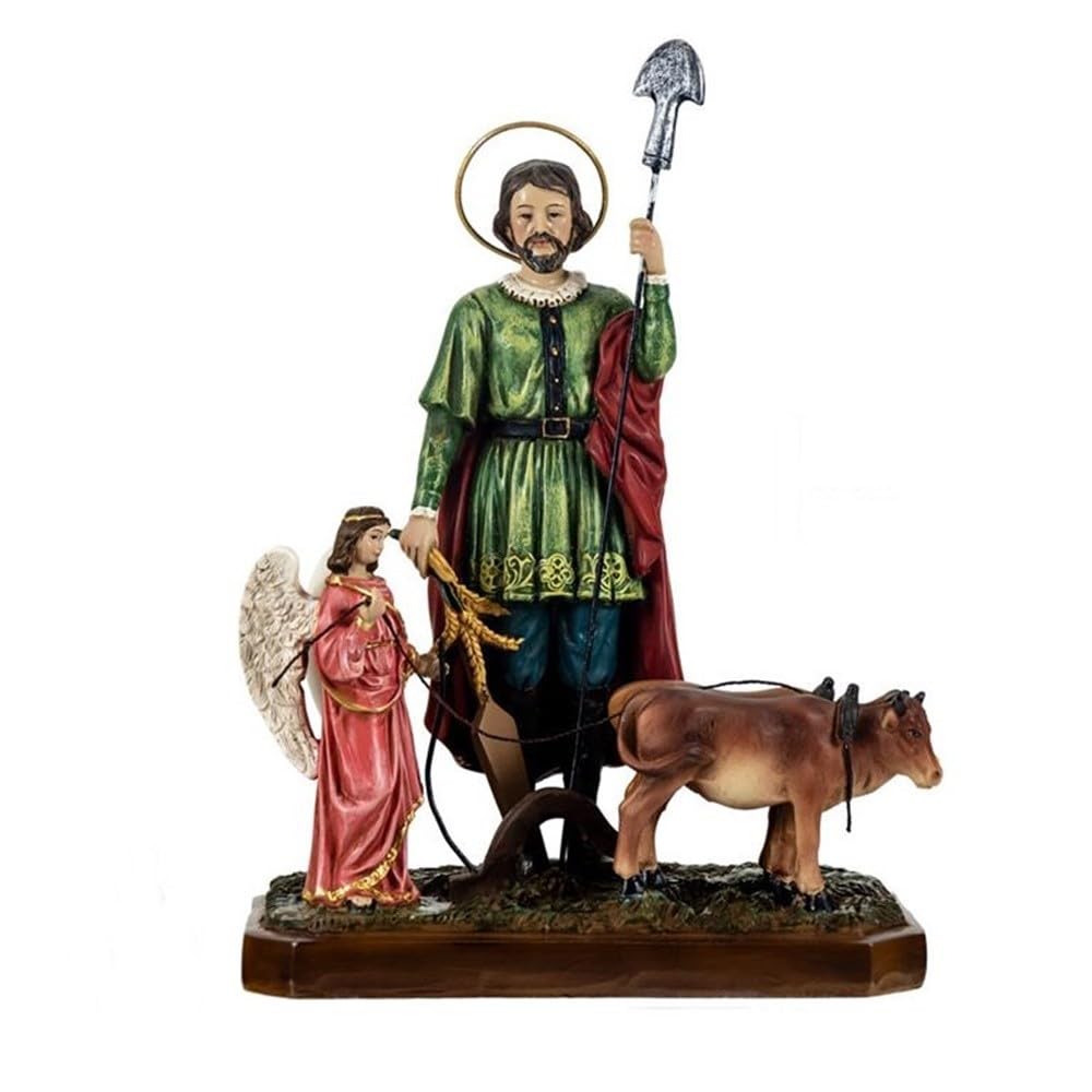 San Isidro Labrador Figura 20 cm. Resina con bueyes Detalle ángel patrón de los labradores