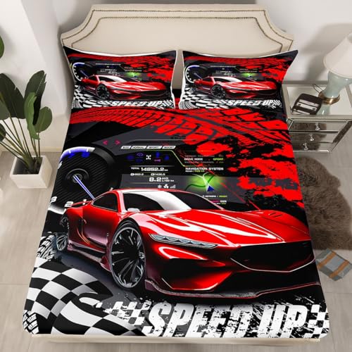 Feelyou Red Race Car Bed Sheet Set Twin Size, Sports Car Bedding Set Bed Sheet Set for Kids Toddler Race Car Fitted Sheet Racing Car Bed Cover Lightweight Bed Set (No Flat Sheet)