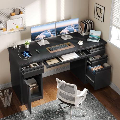 YITAHOME Computer Desk with 5 Drawers, Executive Desk with Power Outlets, 57