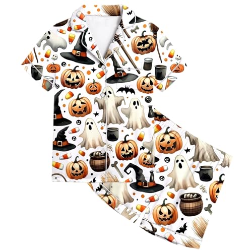 Girl Halloween 𝑷𝙖𝙟𝙖mas Set Spooky Ghost Pumpkin Print 𝑷𝙟𝙨 2Pcs Short Sleeve Button Down Shirt and Shorts Outfit4
