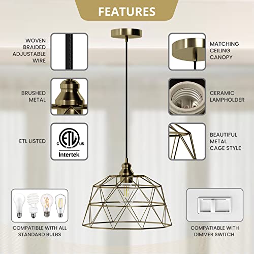 Retro Industrial Cage Pendant Adjustable Hanging Light, Etl Listed, 1-Light, Antique Brass Iron Metal Shade With Matching Cord And Canopy, For Foyer Dining Room Kitchen Island Bedroom #TOP1