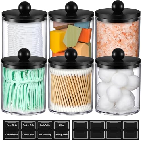 6 Pack Acrylic Qtip Holder Dispenser for Cotton Swabs, Balls, Pads, Floss – Plastic Canister Apothecary Jar Set, Bathroom Essentials Accessories Decor Vanity Makeup Storage Organizer – Clear & Black