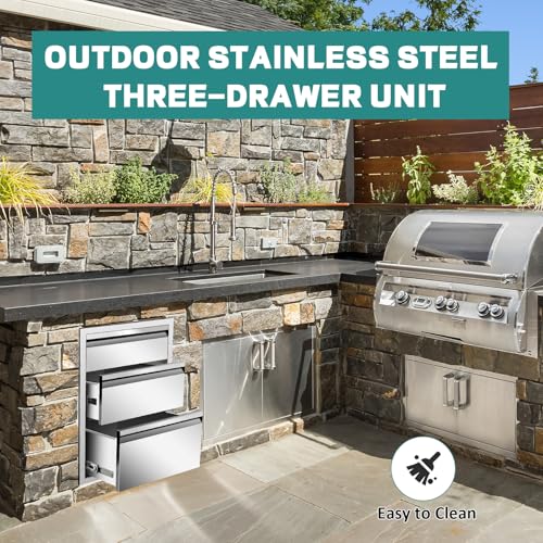 Image of Outdoor Kitchen Drawers 20 inch W x 27 inch H x 23 inch D Stainless Steel Drawer BBQ Triple Drawers with Hidden Handle for Outdoor Kitchen Island, Patio Grill Station