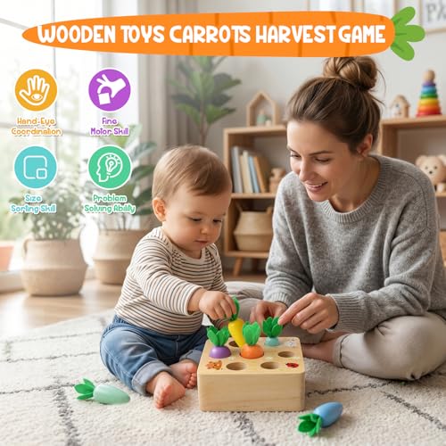 Image of Wdmiya Montessoritoys for 1 Year Old, Wooden Toys Developmental Shape Sorting & Matching Puzzle Macaron Carrots Harvest Game, Birthday Gifts for Toddlers Babies Boys and Girls 6-12 Months Christmas