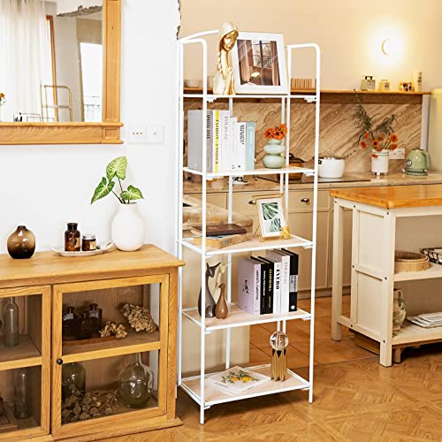 Crofy No Assembly Folding Bookshelf, 5 Tier White Bookshelf, Metal Book Shelf For Storage, Folding Bookcase For Office Organization And Storage, 12.87 D X 22.91 W X 69.29 H Inches #TOP4
