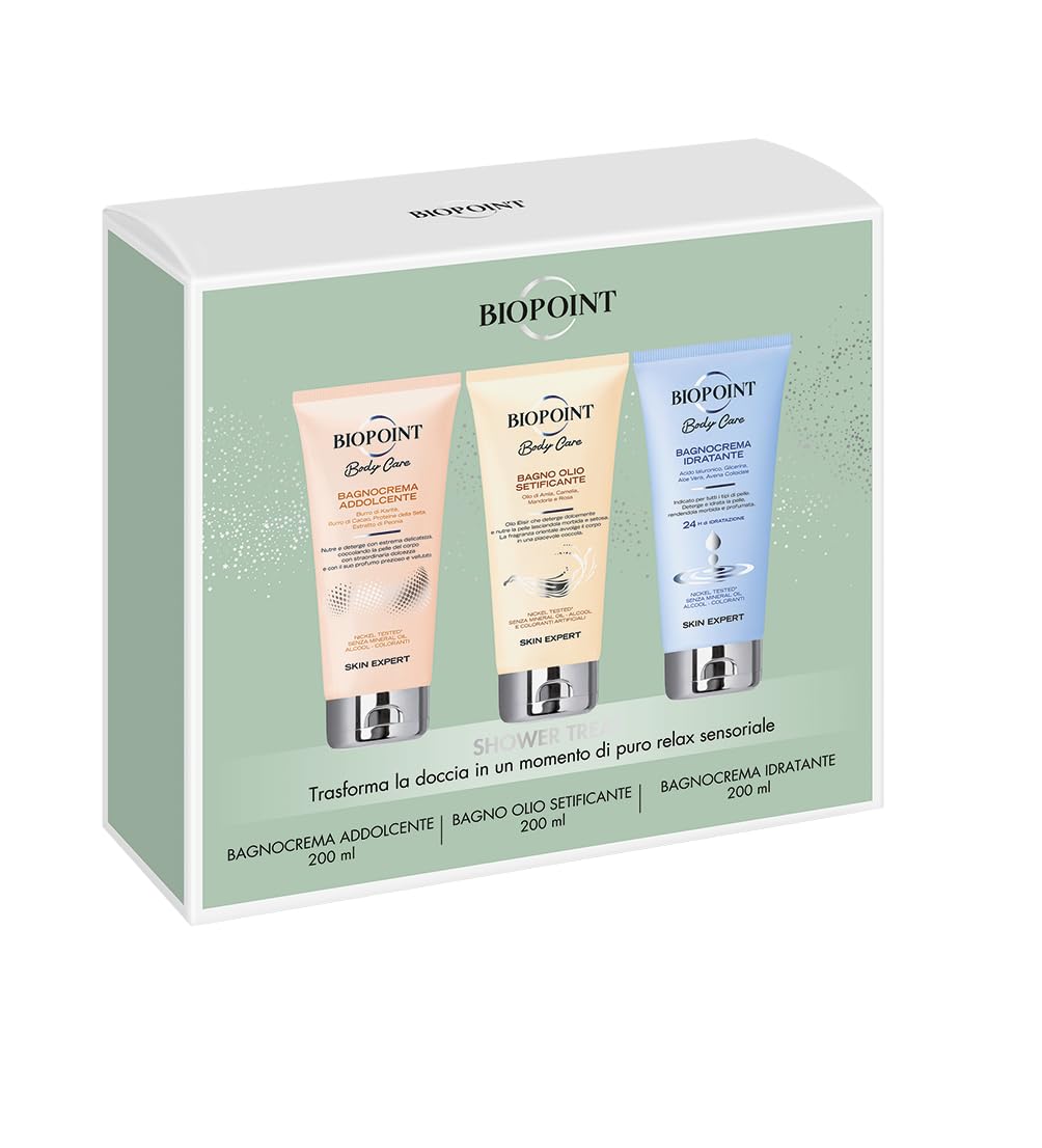 Biopoint - Set Regalo Bagnoschiuma: Bagnocrema Addolcente, Bagno Olio Setificate, Bagnocrema Idratante 200ml - Nutre e Deterge con Delicatezza