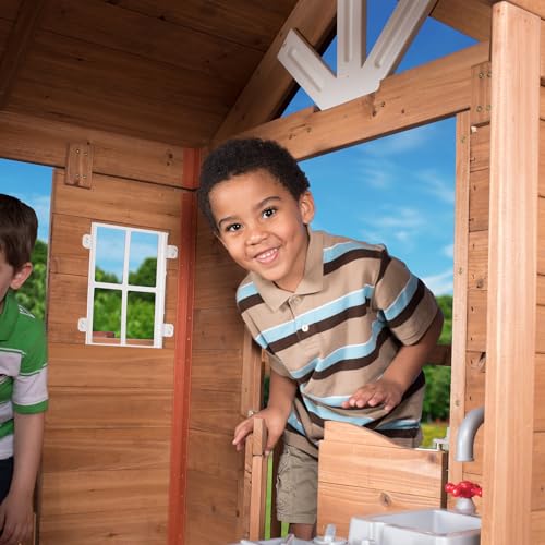 Backyard Discovery Scenic Heights Elevated Cedar Wooden Kids Playhouse with Play Kitchen, Wrap-Around Deck, Toy Storage Bench, Saloon-Style Doors, Ladder, Stairs, and Growth Chart for Outdoor Play - image 5