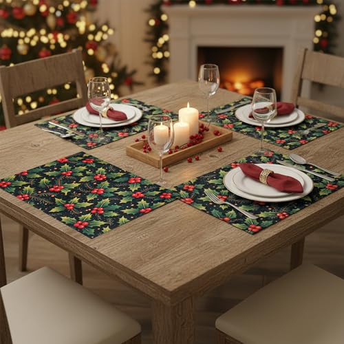 Image of Dining Table Mats Set of 4 - Cherry Christmas Leaves Theme,Digital Print, Washable, Indoor /Outdoor, Heat-Proof, Wipe & Clean (47X33 cm) Red & Green