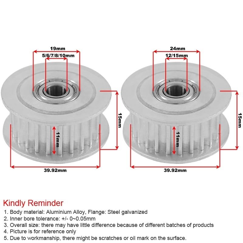 ZGFUS 2pcs Tooth Belt Idler Pulleys XL 25T with Teeth, Inner Bore 5/6/7/8/10/12mm Gear Pulley 11mm Width Passive Pulley Wheel(Size:12mm)