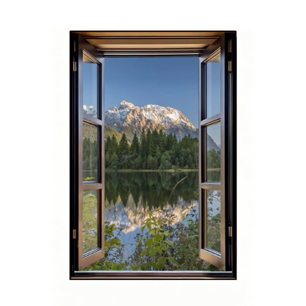 GZHERVICES Faux Window Mountain View Wall Art, Fake Window Frame View Of Sunlight Over The Hill Landscape，3D Realistic Scenic Landscape Canvas Print For Living Room Bedroom Home Decor(L,90x130 cm)