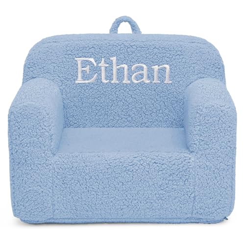 Image of Delta Children Personalized Sherpa Cozee Chair - Customize with Name - Foam Kids Chair for Ages 18 Months and Up, Powder Blue